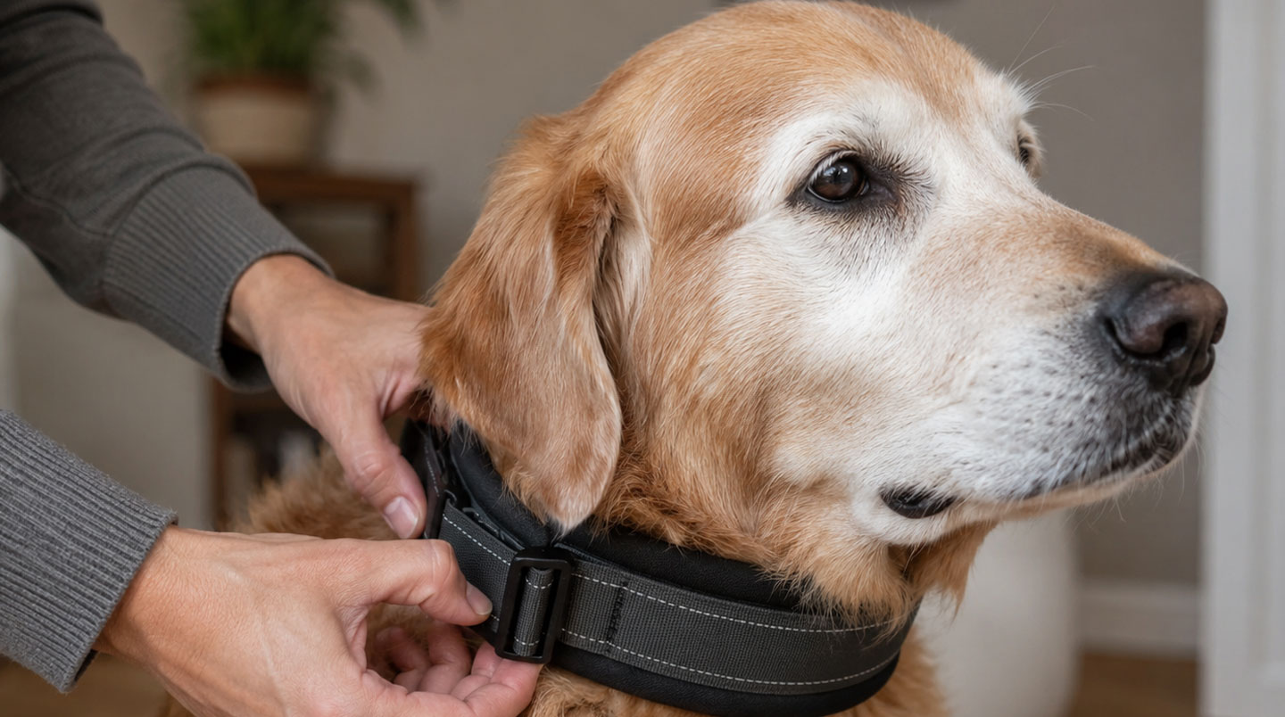 Main d'un propriétaire ajustant un collier large et Rembourré autour du cou d'un golden retriever senior