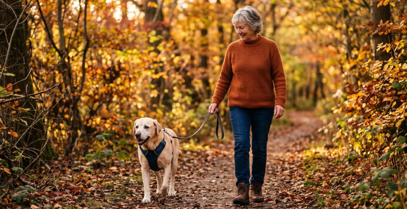 Labrador senior portant un harnais adapté lors d'une promenade en sous-bois