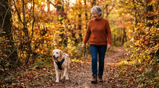 Labrador senior portant un harnais adapté lors d'une promenade en sous-bois