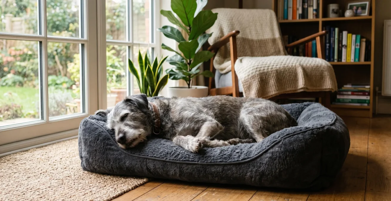 Chien senior couché sur un matelas épais à mémoire de forme dans un intérieur lumineux