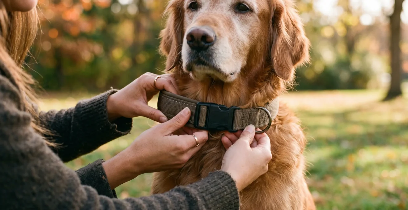 Main d'un propriétaire ajustant un collier large et Rembourré autour du cou d'un golden retriever senior